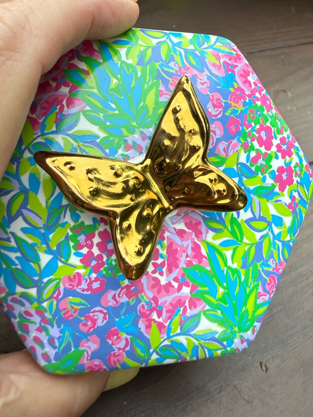 Lilly Pulitzer Floral Hexagon Trinket Box with Gold Butterfly cherry on top line
